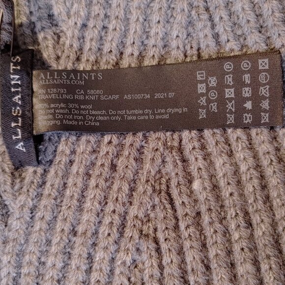NWT ALL SAINTS WOOL BLEND TRAVELLING RIB KNIT GREY SCARF - Picture 9 of 9